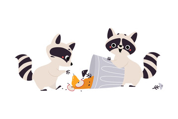 Fototapeta na wymiar Cute Raccoon Character with Ringed Tail Digging in Dustbin Vector Illustration