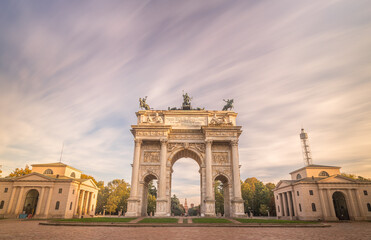 Arco della Pace - Peace Arch in autumn in Milan, Italy. Long Exposure.