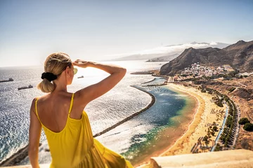 Peel and stick wall murals Canary Islands Amazing place to visit. Woman looking at the landscape of Las Teresitas beach and San Andres village, Tenerife, Canary Islands, Spain.