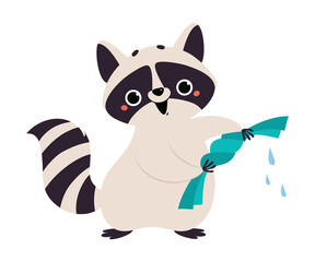 Cute Raccoon Character with Ringed Tail Wringing out Wet Clothes Vector Illustration