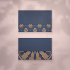 Business card template in blue with vintage brown ornament for your contacts.