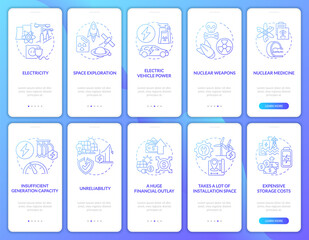 Nuclear power generation onboarding mobile app page screen set. Produce electricity walkthrough 5 steps graphic instructions with concepts. UI, UX, GUI vector template with linear color illustrations