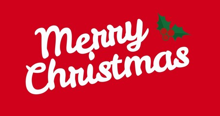 Merry christmas in white font with cherries and leaves on red background