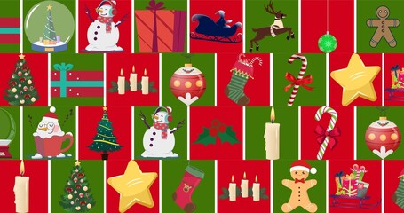 Full frame shot of red and green checked pattern background with christmas decorations