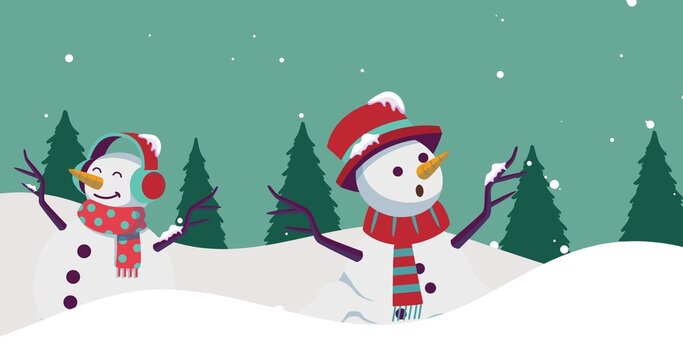 Digital composite image of decorated snowmen against trees at night during winter