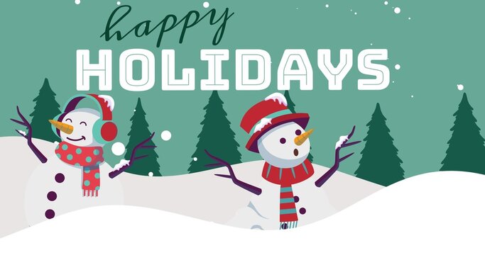 Digital composite image of decorated snowmen against trees at night with happy holidays text