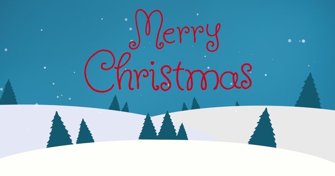 Digital composite image of merry christmas text on snowcapped landscape with trees against night sky