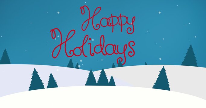 Digital composite image of happy holidays text on snowcapped landscape with trees against night sky