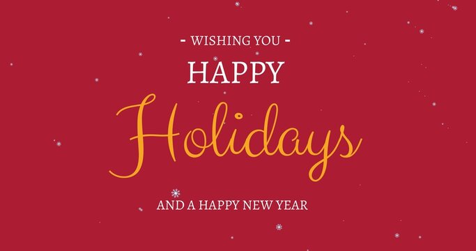 Digital composite image of happy holidays and new year greeting card text on maroon background