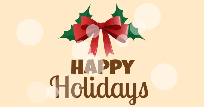 Digital composite image of happy holidays text below leaves and red ribbon against pink background