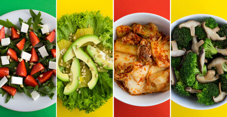 Food collage. Top view of various vegetarian salads on the colored background. Close-up.