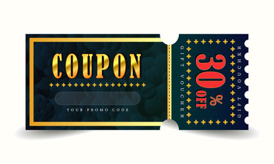 Template dark green and gold gift card. Luxury vector discount voucher with promo code and offer up to 30 percent off. Coupon with text sale promotion for business, online shopping, marketing. 