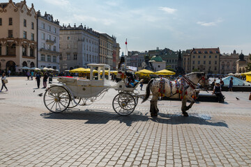 Horse carriages at main square in Krakow.