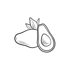 illustration, Avocado fruit with leaves, black and white icon template isolated on white background.