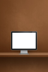 Computer pc on brown shelf. Vertical background
