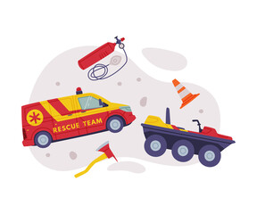 Naklejka premium Rescue Equipment with Specialized Machine and Emergency Vehicle for Urgent Saving of Life Vector Illustration