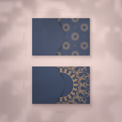 Business visiting card template in blue with vintage brown pattern for your contacts.