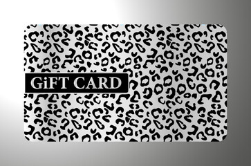 Gift card with leopard print on background. Silver royal template for any luxe design, premium shopping or loyalty card, voucher or gift coupon, vip certificate.