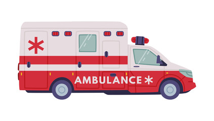 Van or Truck with Siren as Ambulance Emergency Rescue Service Vehicle and Medical Care Transport Vector Illustration