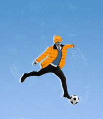 Obraz premium Modern design, contemporary art collage. Inspiration, idea, magazine style. Young man doing sports. Active lifestyle