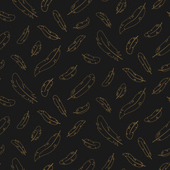Seamless pattern of gold contour feathers on a dark background
