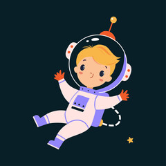 Space Adventure with Little Boy Astronaut in Spacesuit Exploring Galaxy Vector Illustration