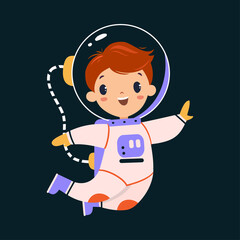 Space Adventure with Little Boy Astronaut in Spacesuit Exploring Galaxy Vector Illustration