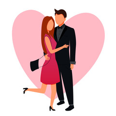 Valentine's day vector illustration with a young couple in love. The guy and the girl are hugging. Cute lovers with heart shaped background.