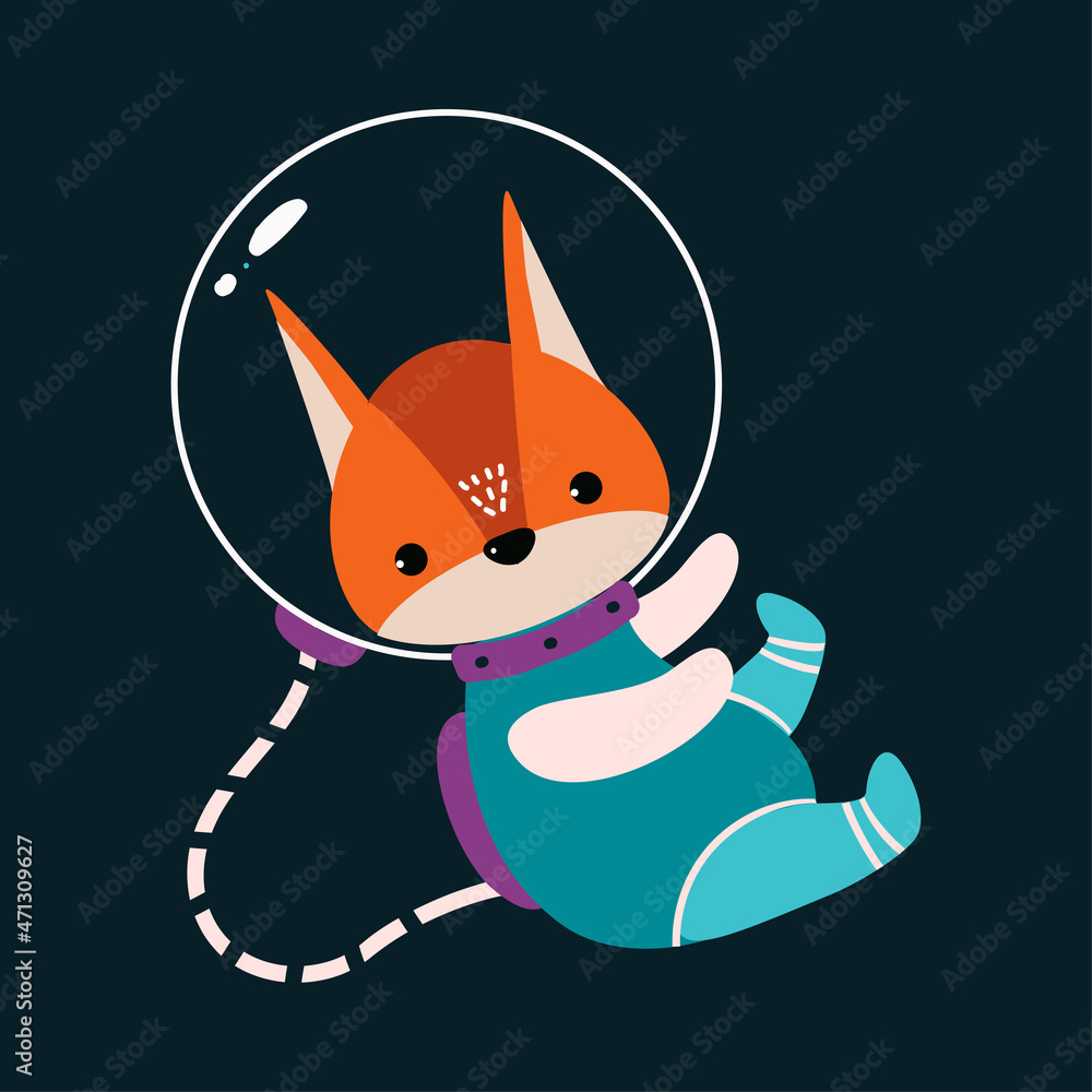 Poster space adventure with squirrel astronaut in spacesuit floating exploring galaxy vector illustration