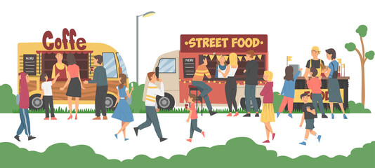 People Character in the Park Eating Street Food Buying Drink and Snack Vector Illustration