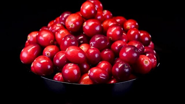 Cranberries on a black background. Ripe and organic red cranberries rotating on a black background. 