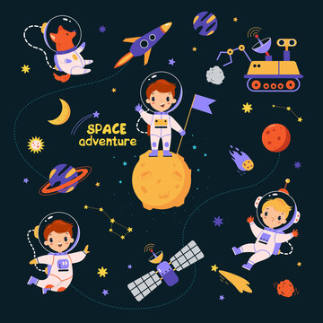 Space Adventure with Boy and Animal Astronaut Character Exploring Galaxy with Planets Around Vector Set