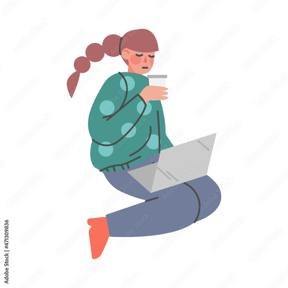 Sticker puzzled woman character sitting with laptop and coffee asking question in the internet vector illust