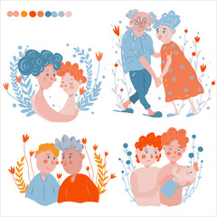 All you need is love. Set of cute characters in  different age in love. LGBT. Transgender romantic couple. Parents and baby. Isolated figures on white background, vector illustration.