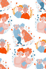 All you need is love. Set of cute characters in  different age in love. LGBT. Transgender romantic couple. Parents and baby. Isolated figures on white background, vector illustration. Seamless pattern