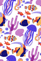 Seamless pattern with underwater motives. Exotic fishes, corals, jelly fish. clown fish, vector illustration.