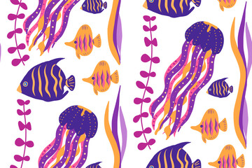Seamless pattern with underwater motives. Exotic fishes, corals, sea grass, jellyfish. Can be used as fabric design, limited color palette.  Vector.