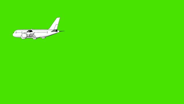 White plane flies on a green background, cartoon sketch style. 3D animation. Travel concept. Chroma key, green screen.
