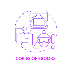 Copies of ebooks purple gradient concept icon. Copyright infringement abstract idea thin line illustration. Illegally copied content. Unauthorized versions. Vector isolated outline color drawing