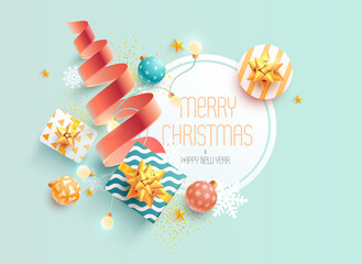 Fototapeta na wymiar Christmas greeting banner design with gifts, balls and golden ribbon.