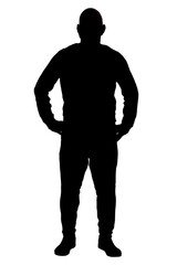 front view of the silhouette of a man wearing casual clothes with his arms on waist