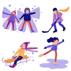Set with winter activities. Children playing in snow. Ice skating, hockey, snow angel, sled. Vector illustration