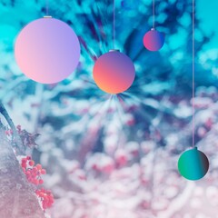 Abstract decoration on the background of a winter forest and red berries under the snow