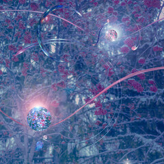 Abstract decoration on the background of a winter forest and red berries under the snow