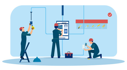Vector of a team of electricians men working at a new home checking the electricity box installing sockets and lighting