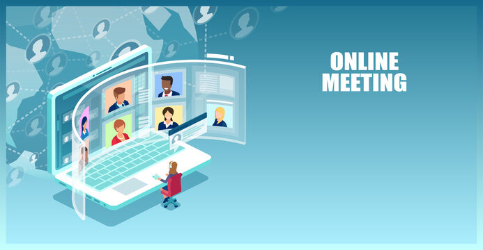 Vector of businesspeople using online meeting workspace page, video conference platform to communicate with colleagues.