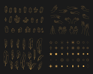 Set for creating logos. Outlined hands, crystals and feathers. Tarot and makeup female astrologer icons