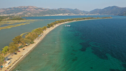 Aerial drone photo of beautiful long sandy organised beach of Drepano in area of Igoumenitsa, Epirus, Greece