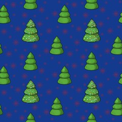 Elegant Christmas trees with red sparks in the forest, seamless square pattern