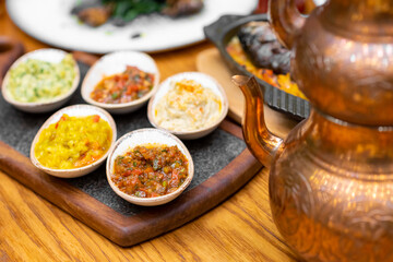Turkish and Greek Dinner Table. Turkish eggplant appetizers.